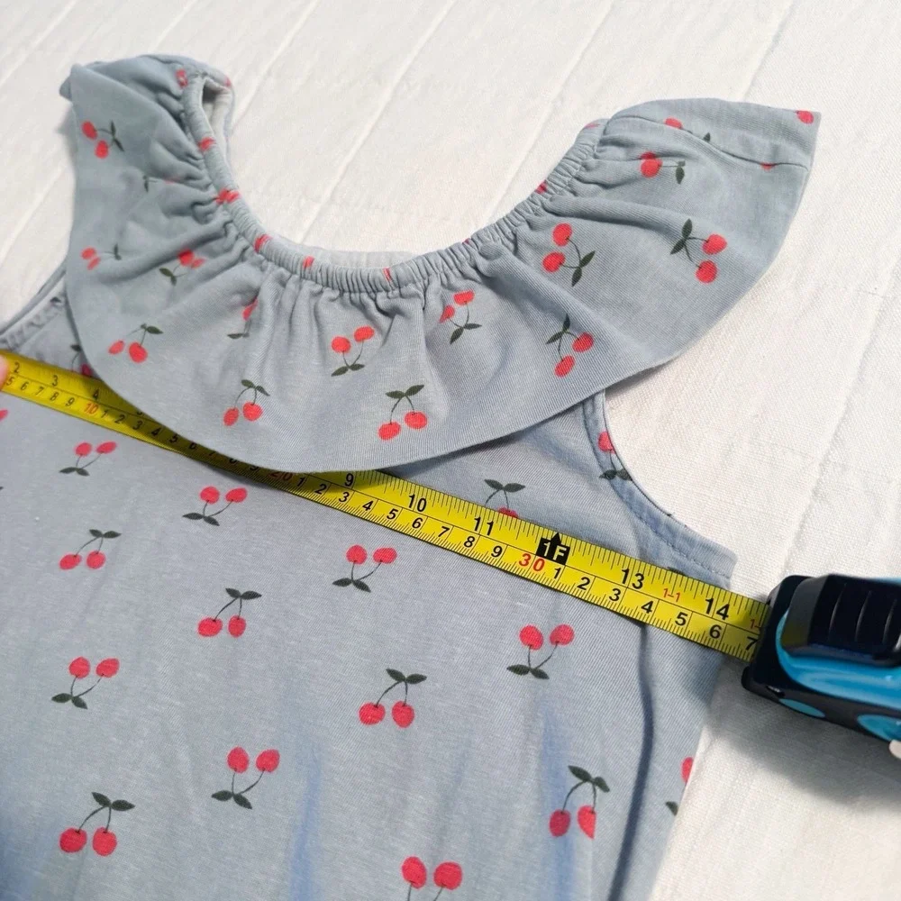 Hanna Andersson Girls Cotton Dress Size 8 130 Ruffle Neck Blue Cherries